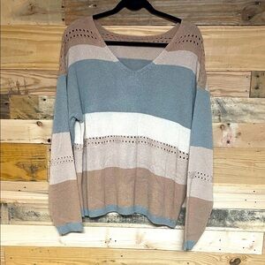 Royal + Reese size XL Striped Gray, White, and Tan V-Neck Lightweight Sweater